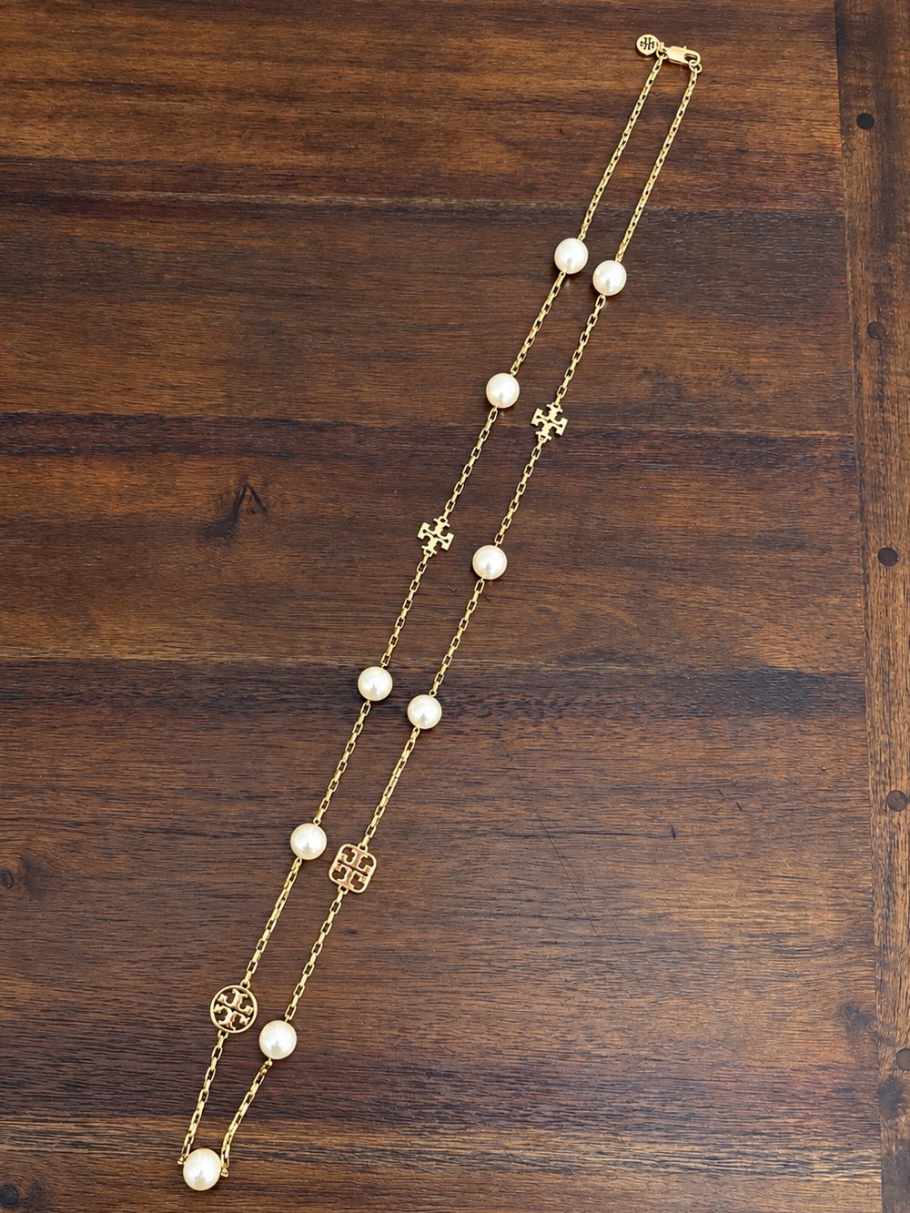 Tory Burch - Gold Pearl Double T Logo 41” Long Necklace